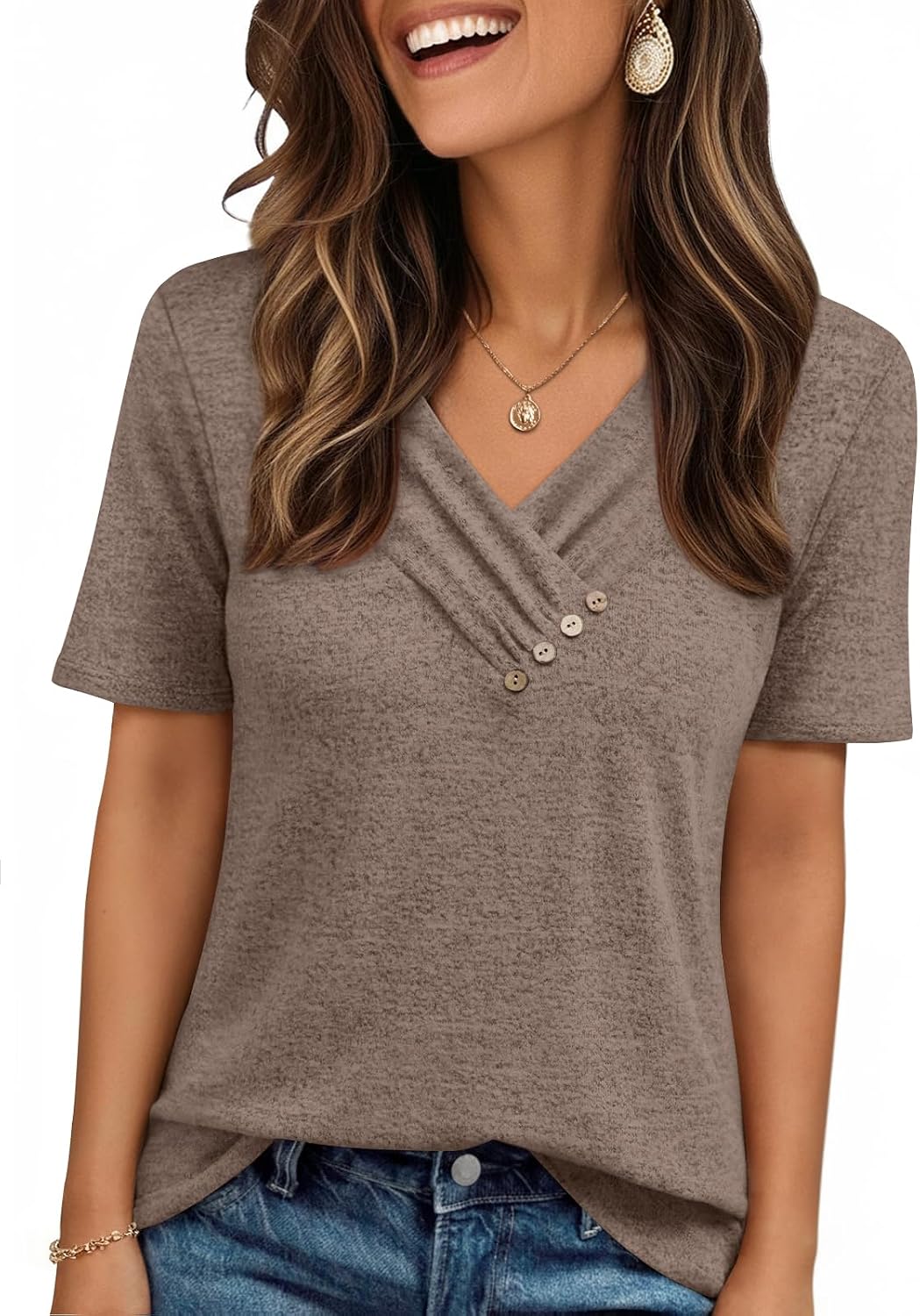 Womens Short Sleeve Tunic Top Spring Summer V Neck Button Shirts 2026 Dressy Casual Business Blouses