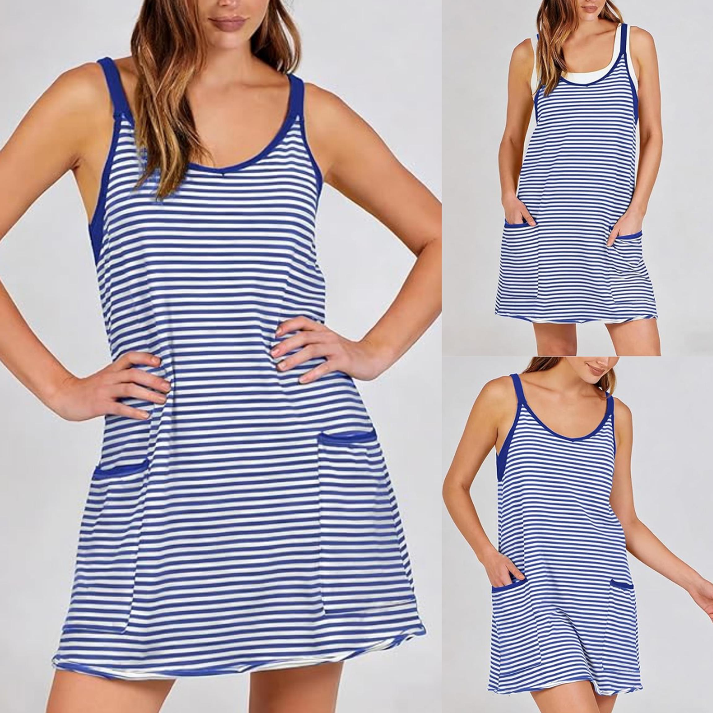Buenoble Women&rsquo;s Athletic Dress with Built-in Shorts Striped Tennis Dress Workout Mini Dress Casual Summer Activewear