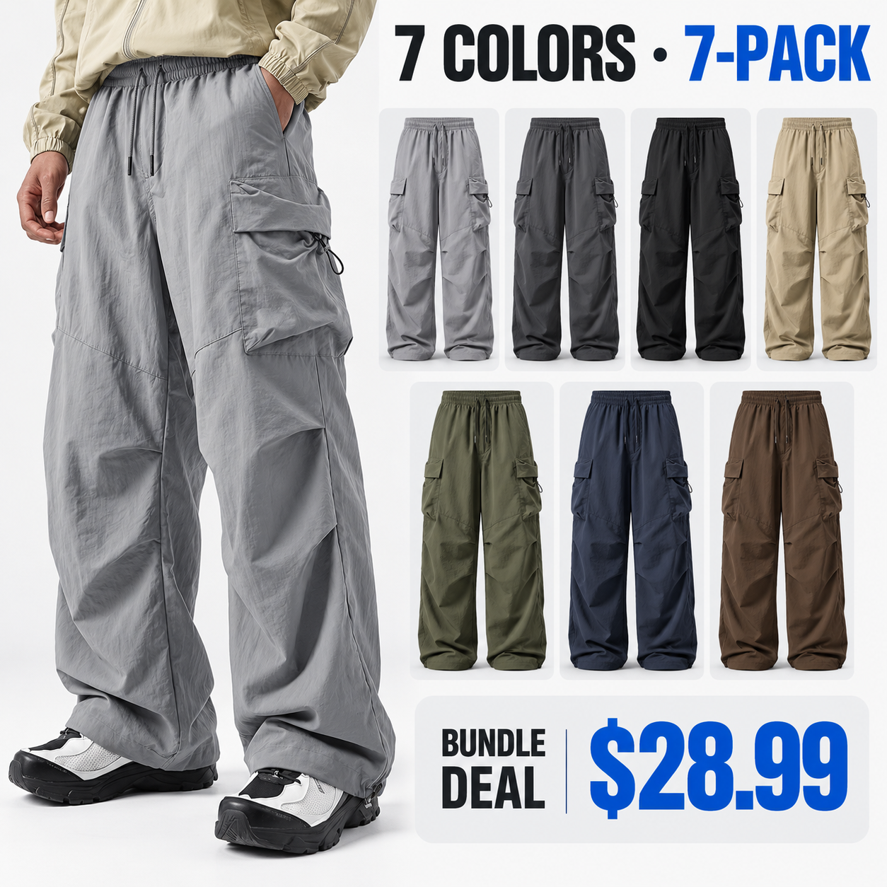 Men’s loose-fit cargo pants, hiking trousers with an elastic waistband and multiple pockets