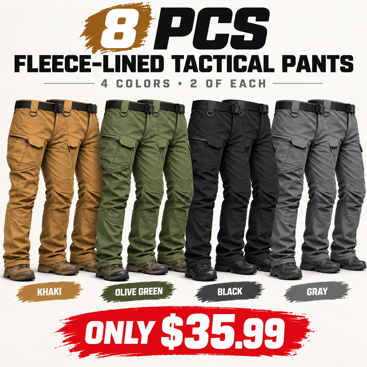 Men's fleece-lined tactical cargo pants—windproof, warm, multi-pocket work trousers