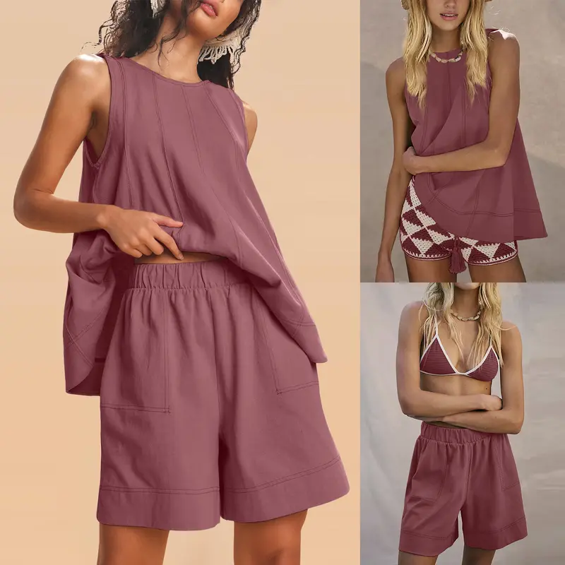 Women's Two Piece Outfit Cotton Matching Set A-Line Sleeveless Tank Tops and High-Waist Shorts with Pockets