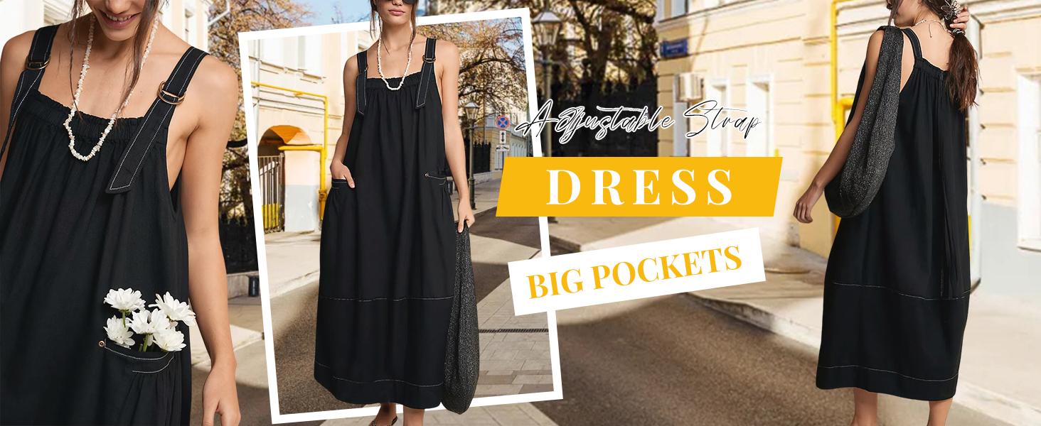 Yeokou Women's Barrel Midi Dress Sleeveless Strappy Maxi Dress with Big Pockets & Adjustable Straps Minimalist Basic Casual Fall Dress