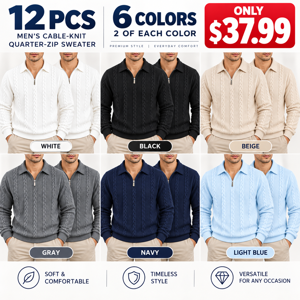 Men's Spring Knitwear: Slim-fit, long-sleeve polo-collar pullover; blending casual staple appeal with "Old Money" style, featuring a half-zip and half-placket design.