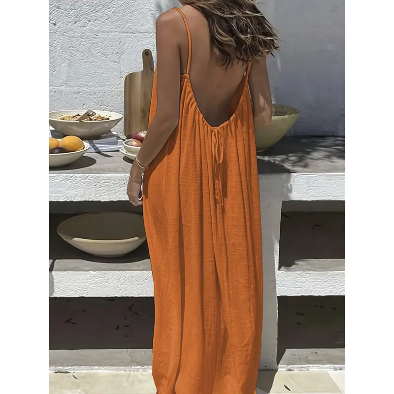 Women's Cotton Linen Backless Loose Dress with Pockets
