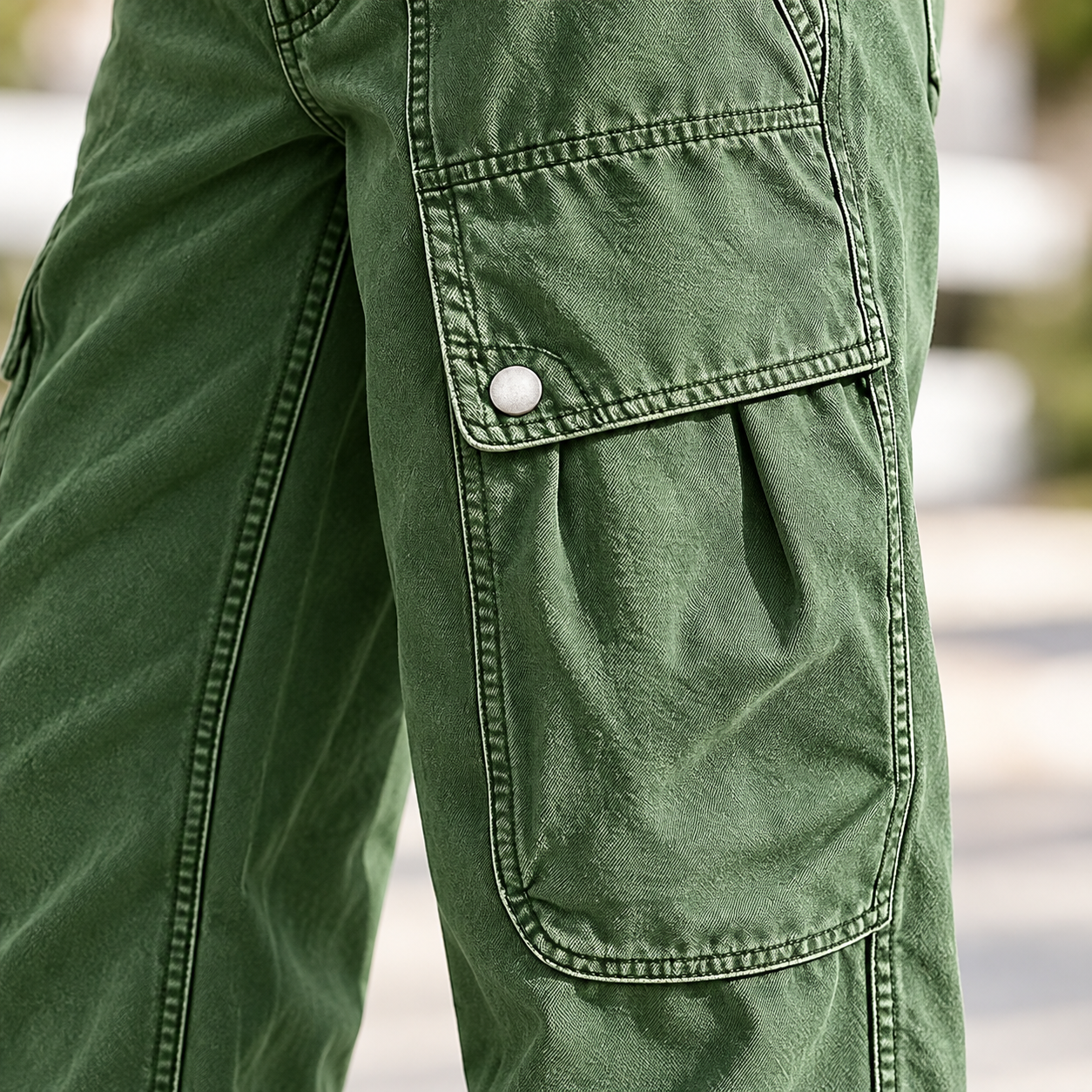 Loose-fitting wide-leg cargo trousers featuring a mid-rise and flap pockets.