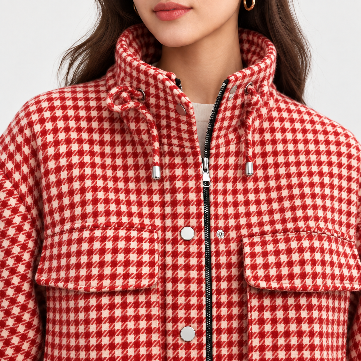Women's vintage plaid cropped jacket with a stand collar, drawstring detail, and front zip closure