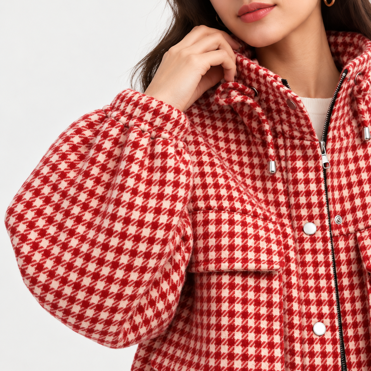 Women's vintage plaid cropped jacket with a stand collar, drawstring detail, and front zip closure