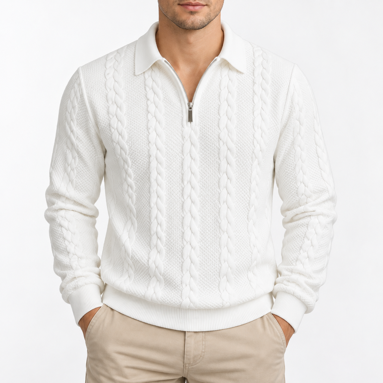 Men's Spring Knitwear: Slim-fit, long-sleeve polo-collar pullover; blending casual staple appeal with "Old Money" style, featuring a half-zip and half-placket design.