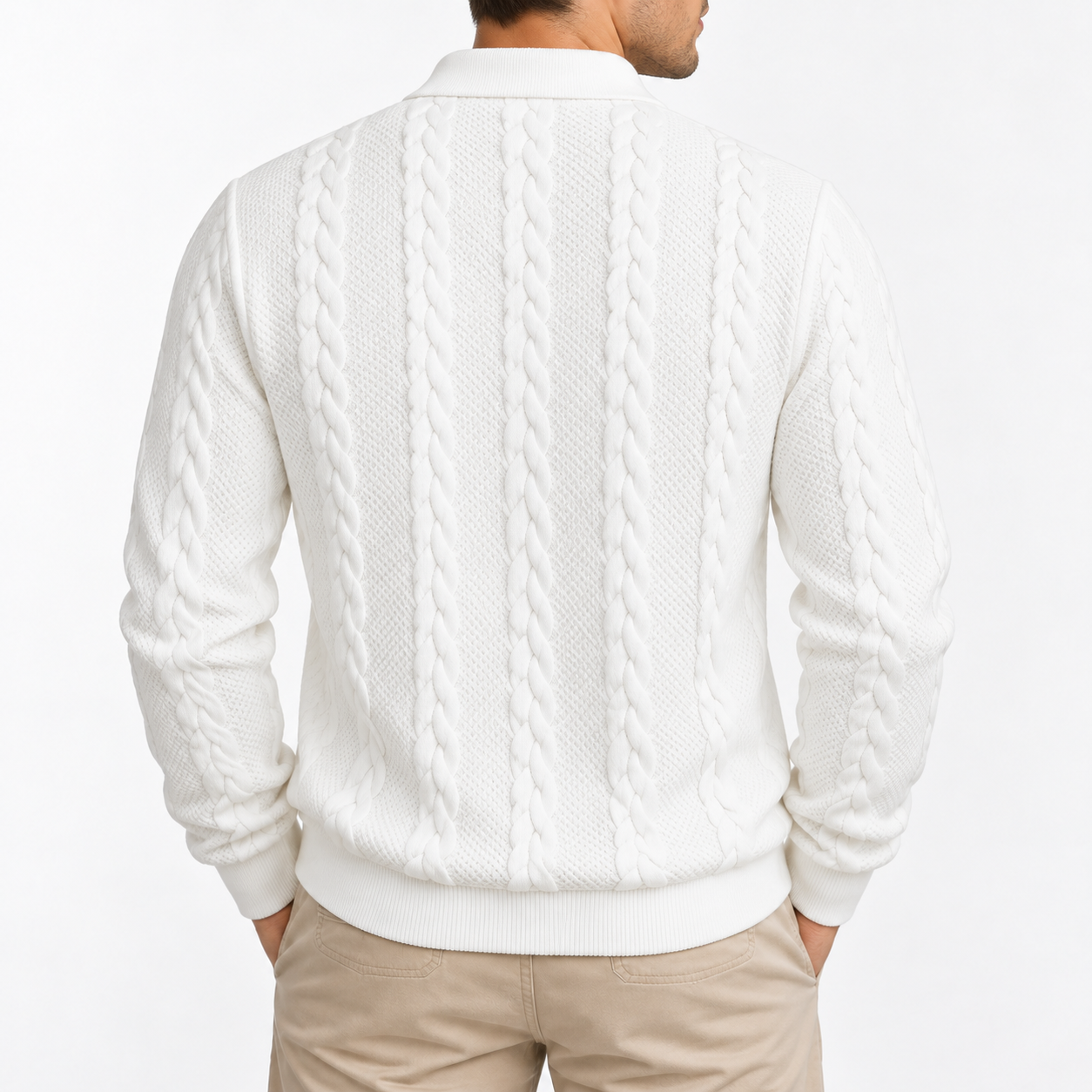 Men's Spring Knitwear: Slim-fit, long-sleeve polo-collar pullover; blending casual staple appeal with "Old Money" style, featuring a half-zip and half-placket design.
