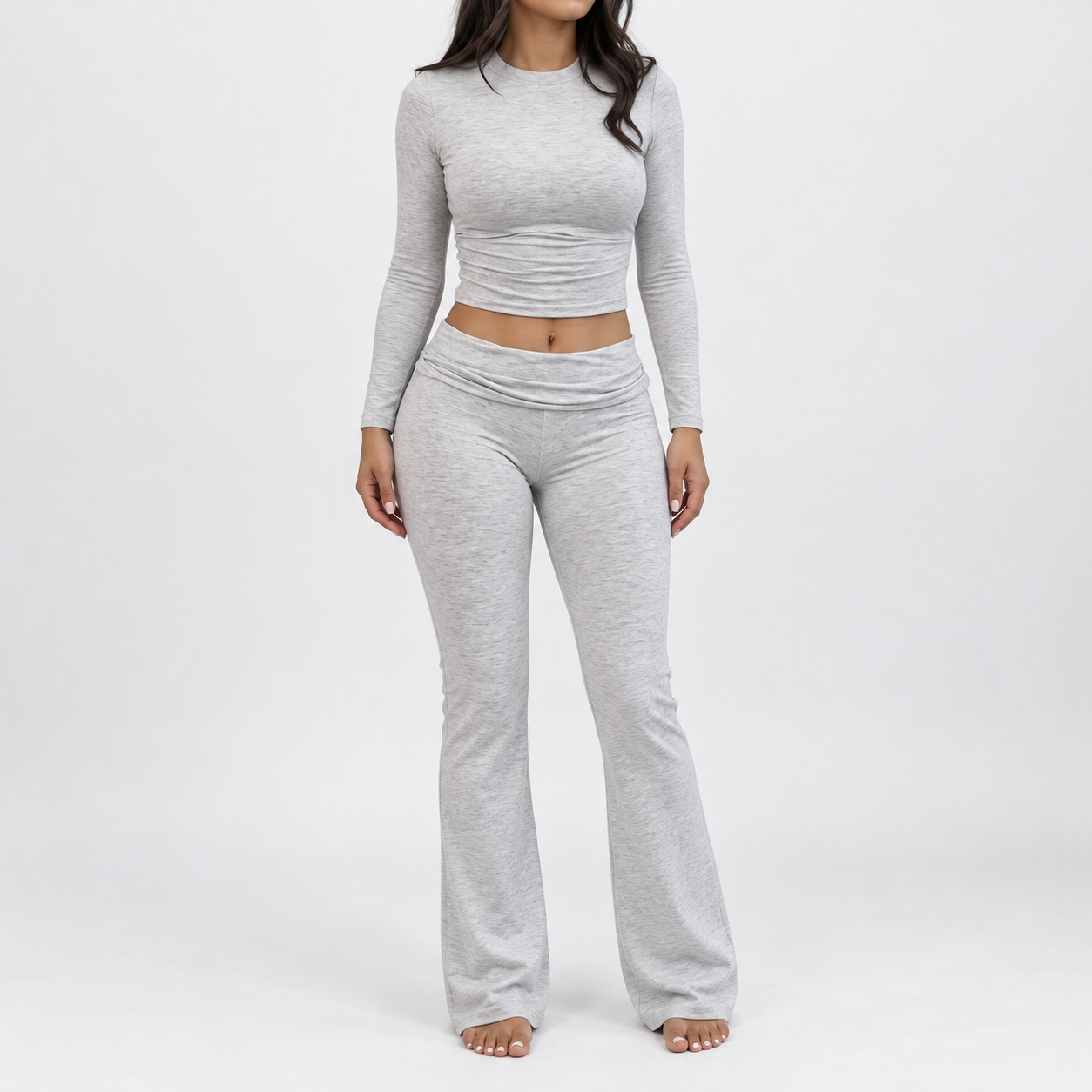 Women's Solid Long Sleeve Crop Tee & Flare Leg Skinny Pants Loungewear Set, Casual Round Neck Top & Bell Bottom Leggings, Sleepwear Set for Women, Sets Pajama