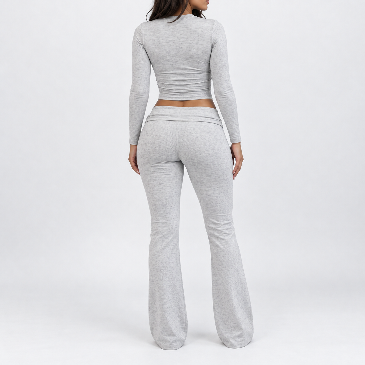 Women's Solid Long Sleeve Crop Tee & Flare Leg Skinny Pants Loungewear Set, Casual Round Neck Top & Bell Bottom Leggings, Sleepwear Set for Women, Sets Pajama