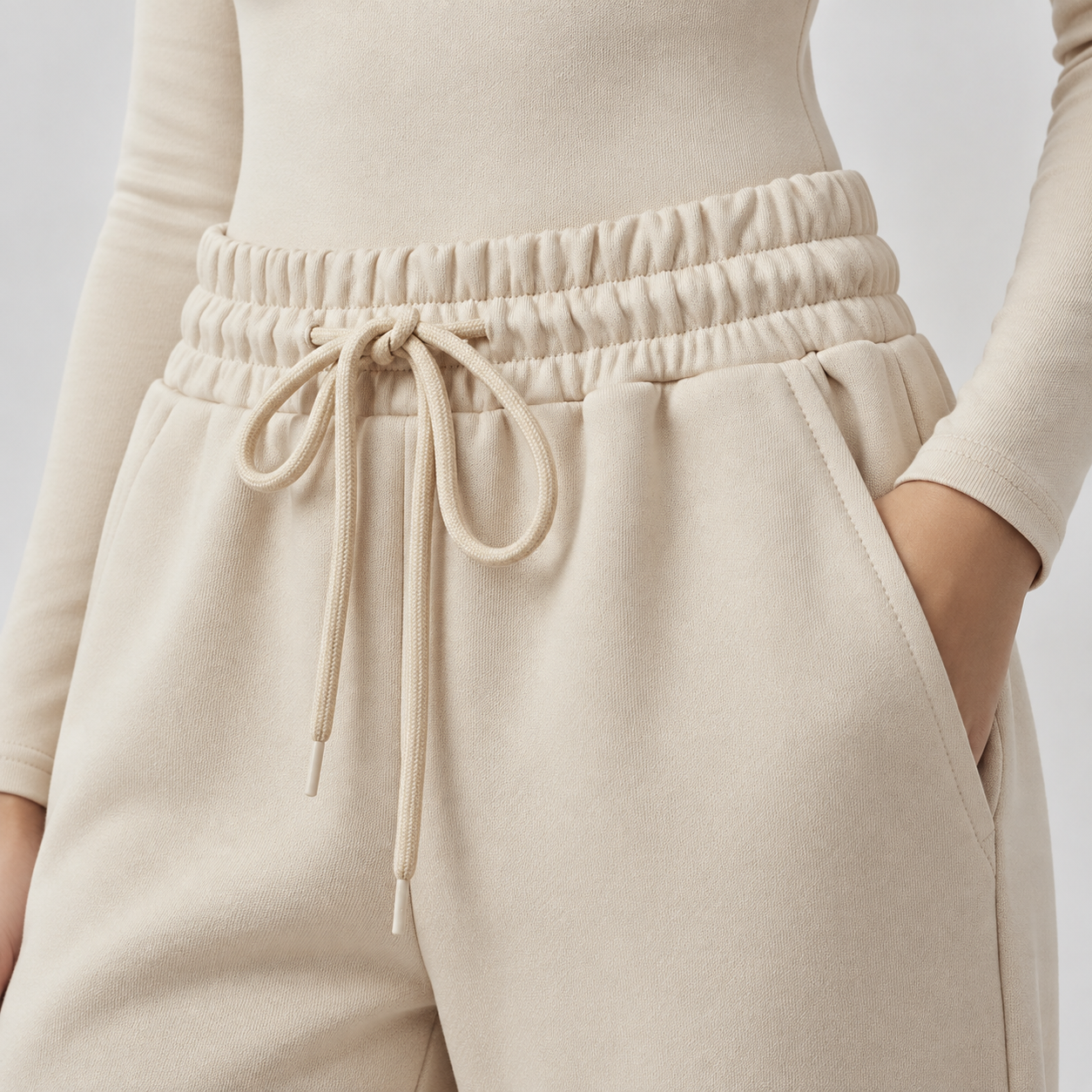 Minimalist two-tone set: long-sleeved letter-print bodysuit paired with wide-leg cargo pants featuring an elastic waist.