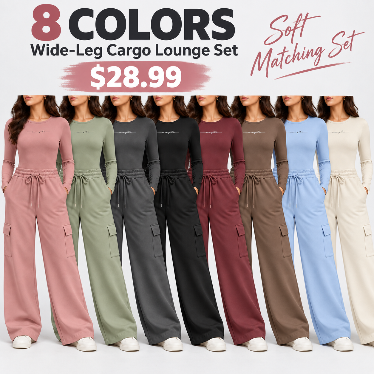 Minimalist two-tone set: long-sleeved letter-print bodysuit paired with wide-leg cargo pants featuring an elastic waist.