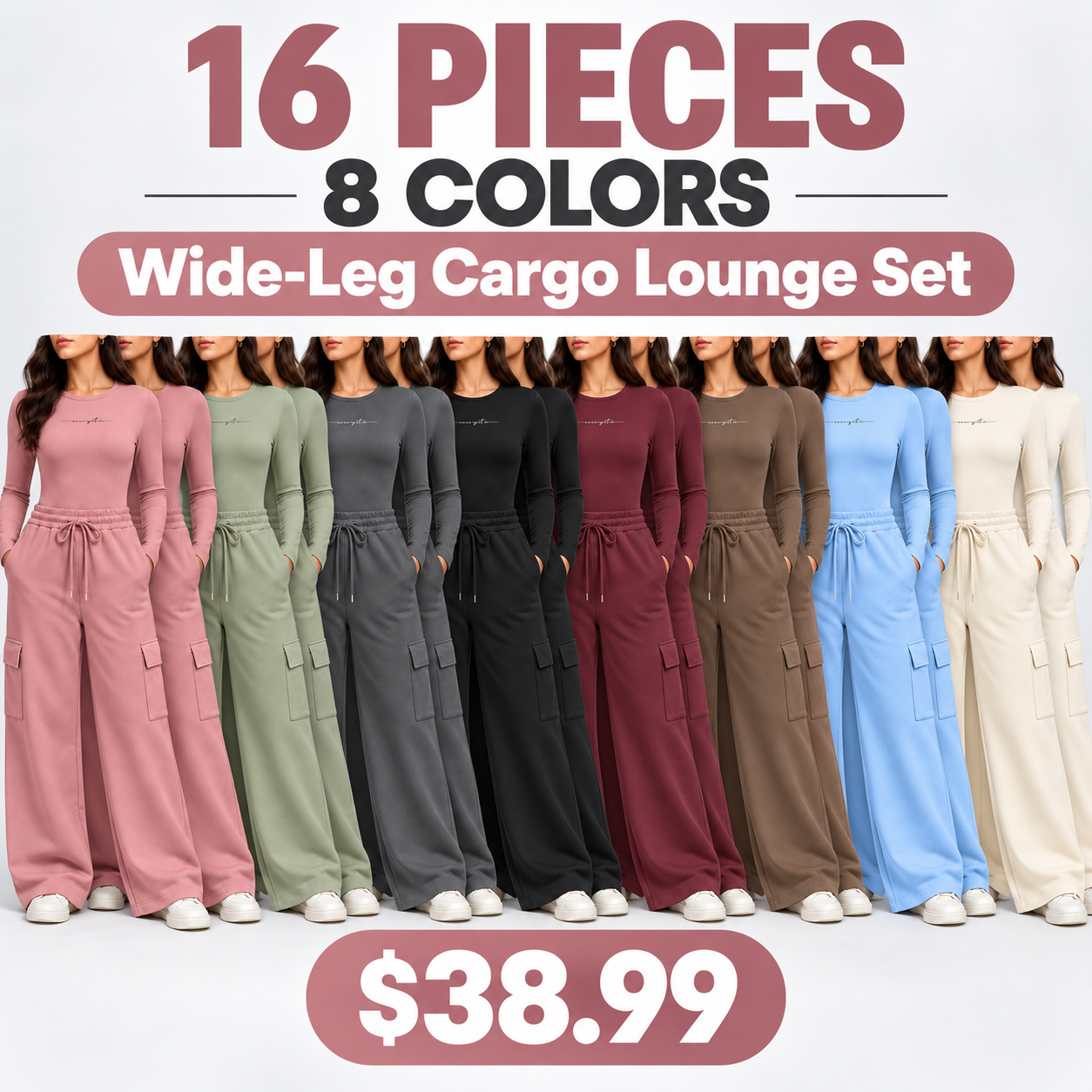 Minimalist two-tone set: long-sleeved letter-print bodysuit paired with wide-leg cargo pants featuring an elastic waist.