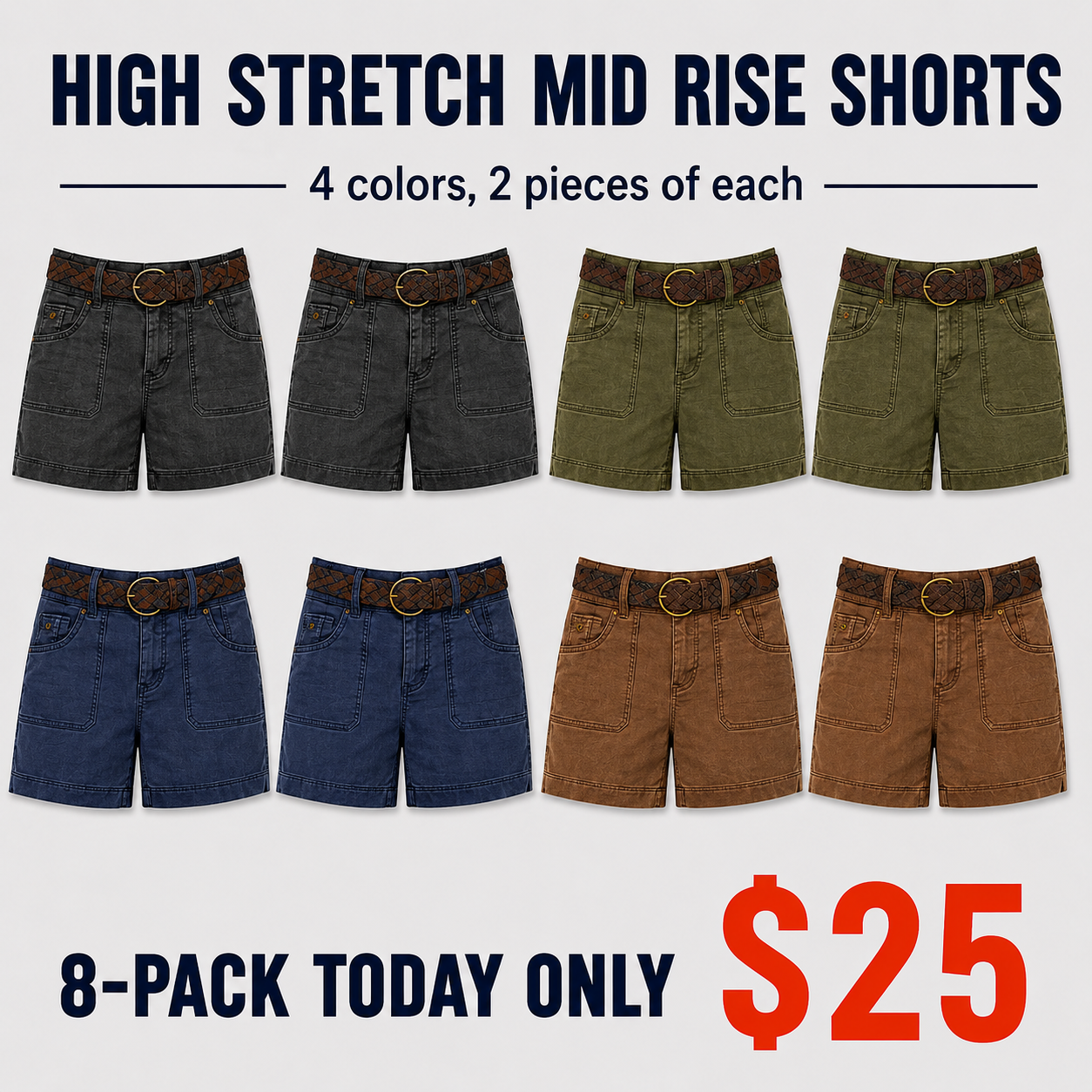 8 pack women high-stretch summer shorts with pockets