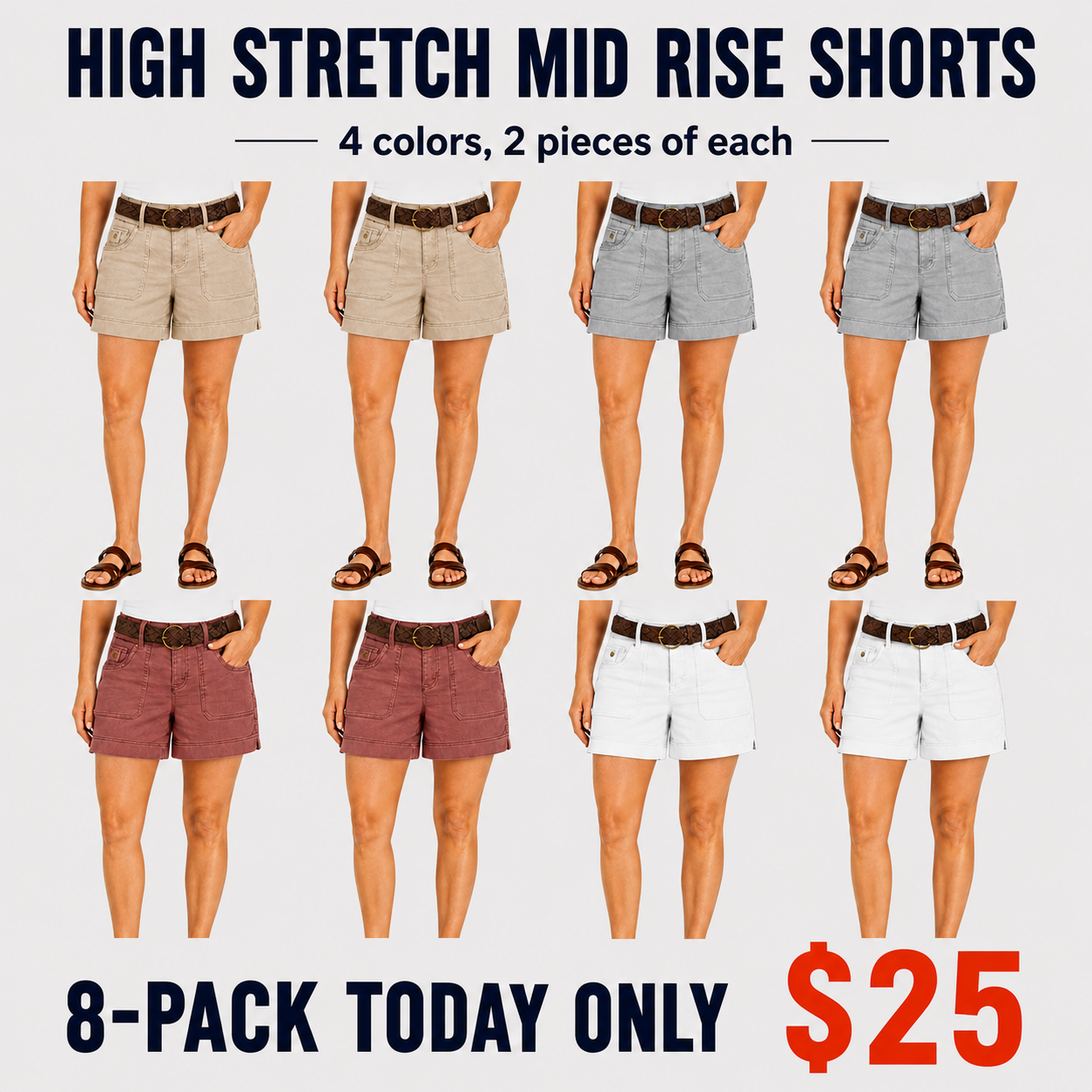 8 pack women high-stretch summer shorts with pockets