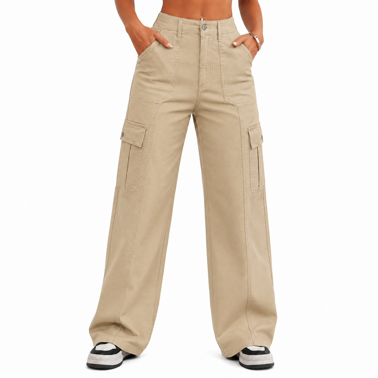 Women's Cargo Pants – Loose wide-leg fit, high-waisted stretch design, drawstring cuffs, 6 pockets, casual straight-leg style