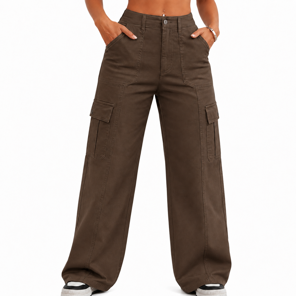 Women's Cargo Pants – Loose wide-leg fit, high-waisted stretch design, drawstring cuffs, 6 pockets, casual straight-leg style