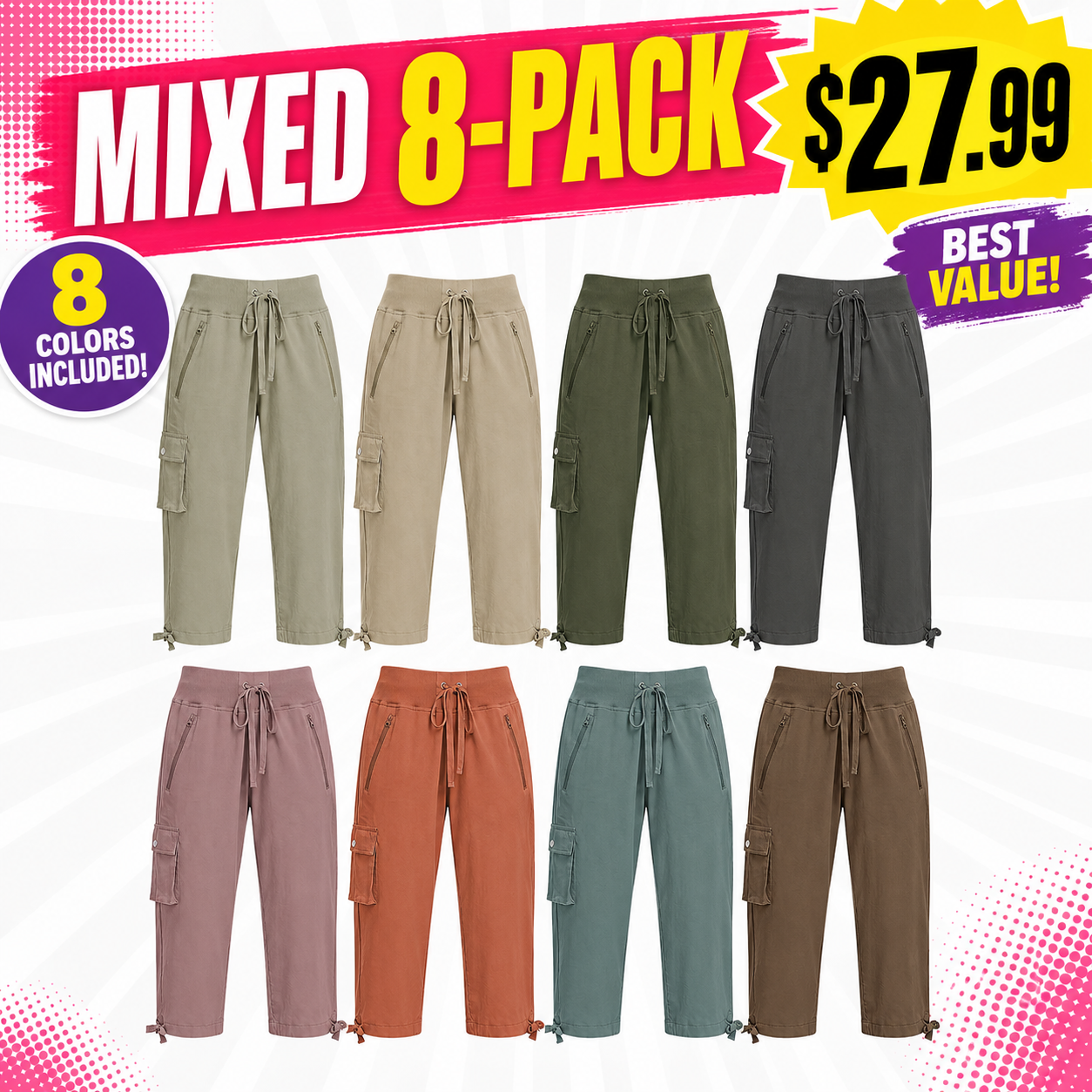 Women's cropped cargo pants—lightweight, quick-drying, and featuring zippered pockets.