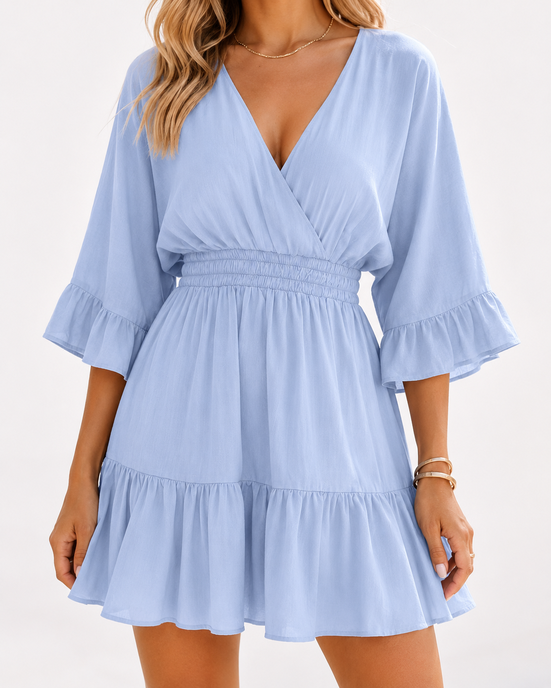 Women's Casual V-Neck Summer Loose High-Waisted Ruffled Pleated Cute Short Dress