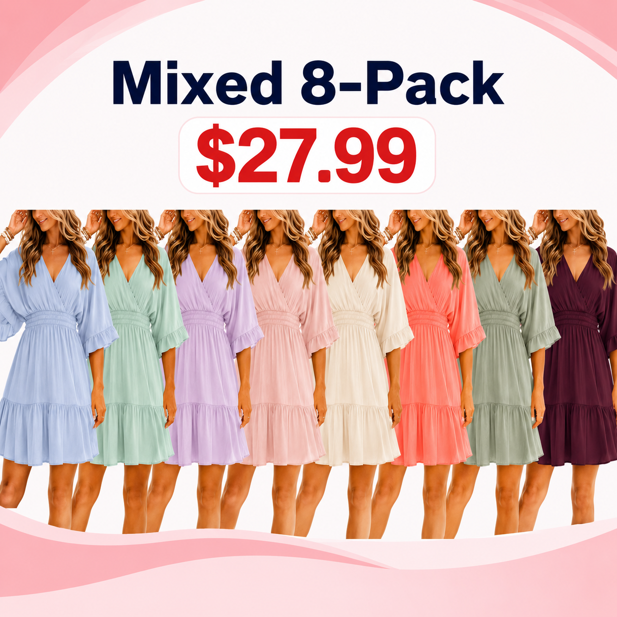 Women's Casual V-Neck Summer Loose High-Waisted Ruffled Pleated Cute Short Dress