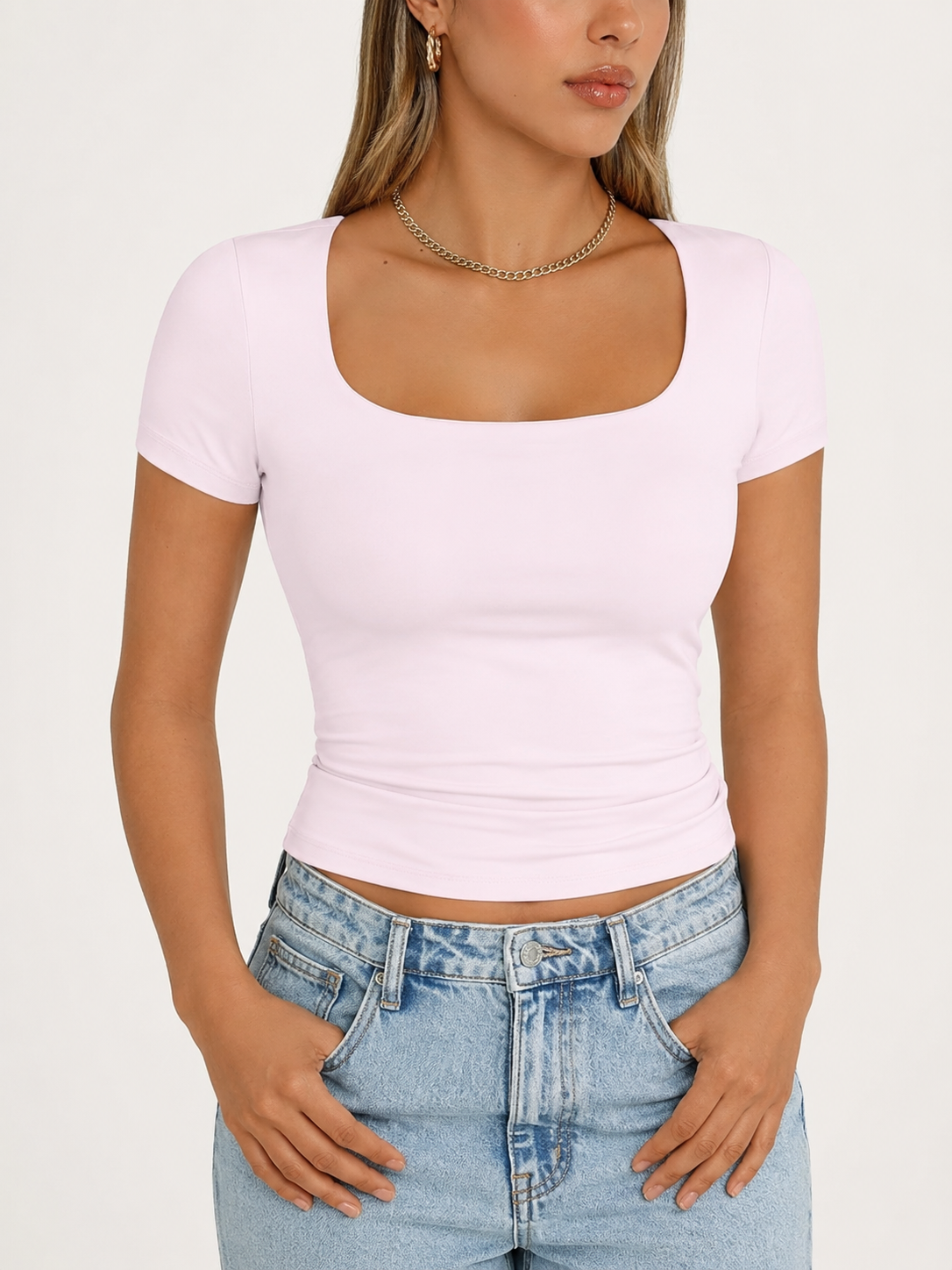 Women's Double-Layer Square-Neck Short-Sleeve Crop Top | Cute Women's Athletic Top
