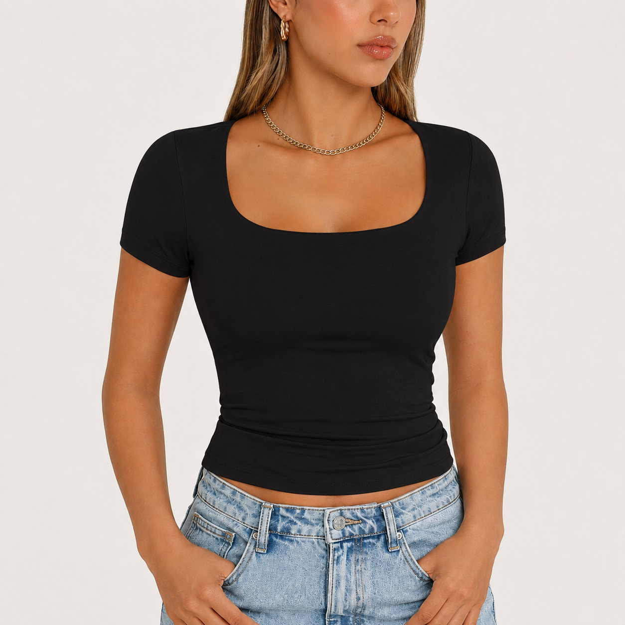 Women's Double-Layer Square-Neck Short-Sleeve Crop Top | Cute Women's Athletic Top