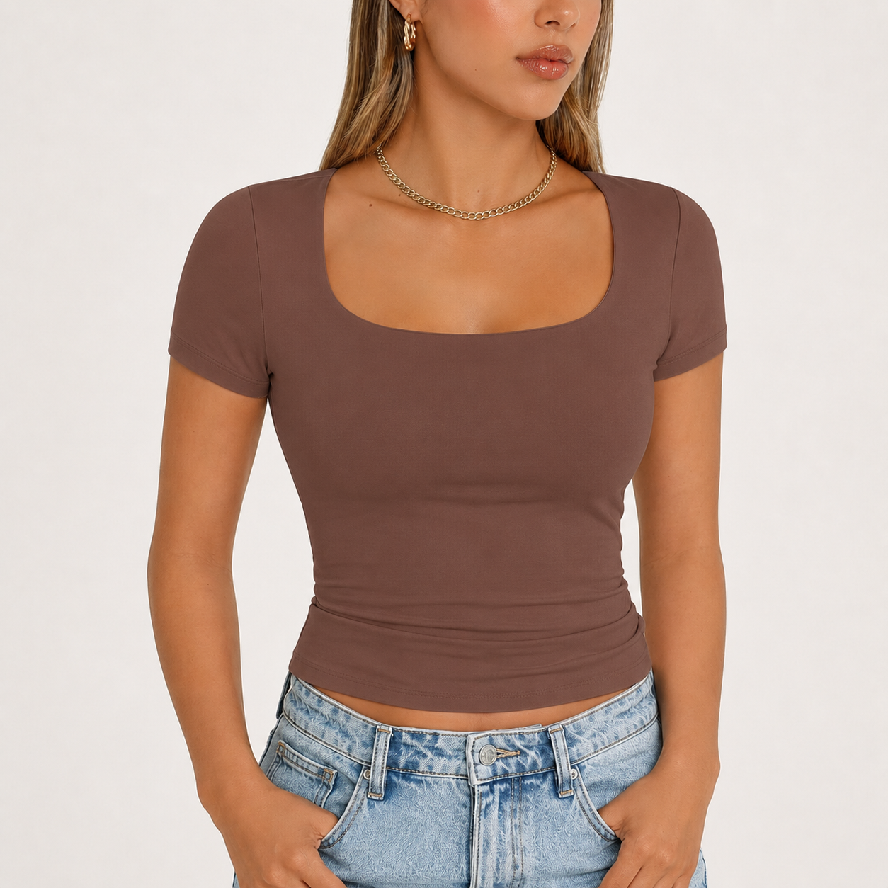 Women's Double-Layer Square-Neck Short-Sleeve Crop Top | Cute Women's Athletic Top