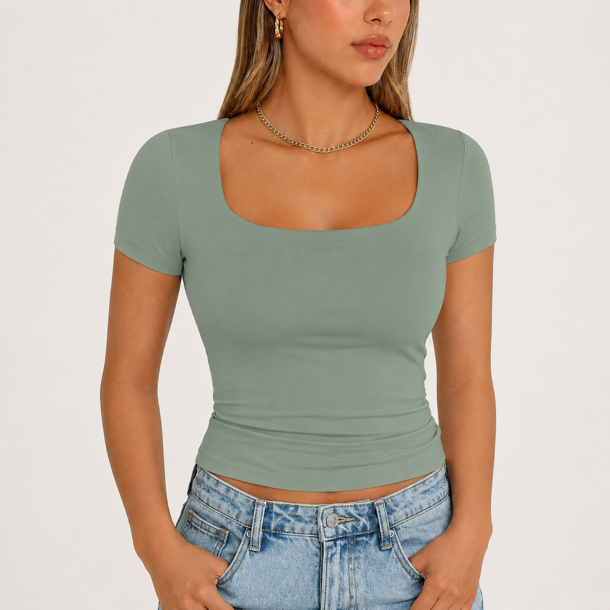 Women's Double-Layer Square-Neck Short-Sleeve Crop Top | Cute Women's Athletic Top