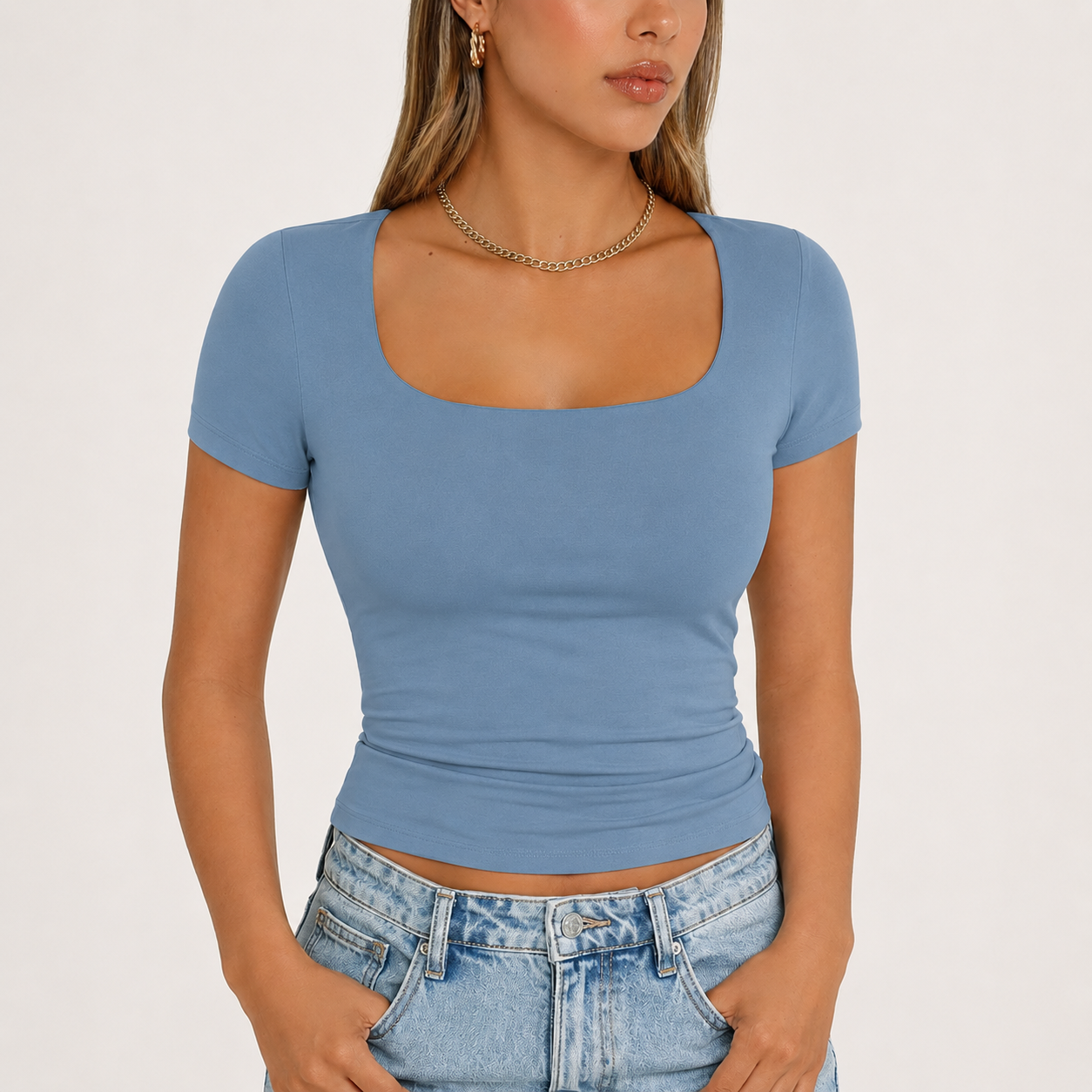 Women's Double-Layer Square-Neck Short-Sleeve Crop Top | Cute Women's Athletic Top