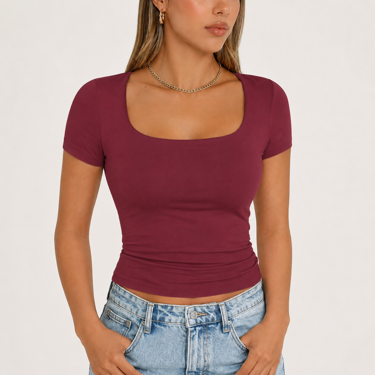 Women's Double-Layer Square-Neck Short-Sleeve Crop Top | Cute Women's Athletic Top