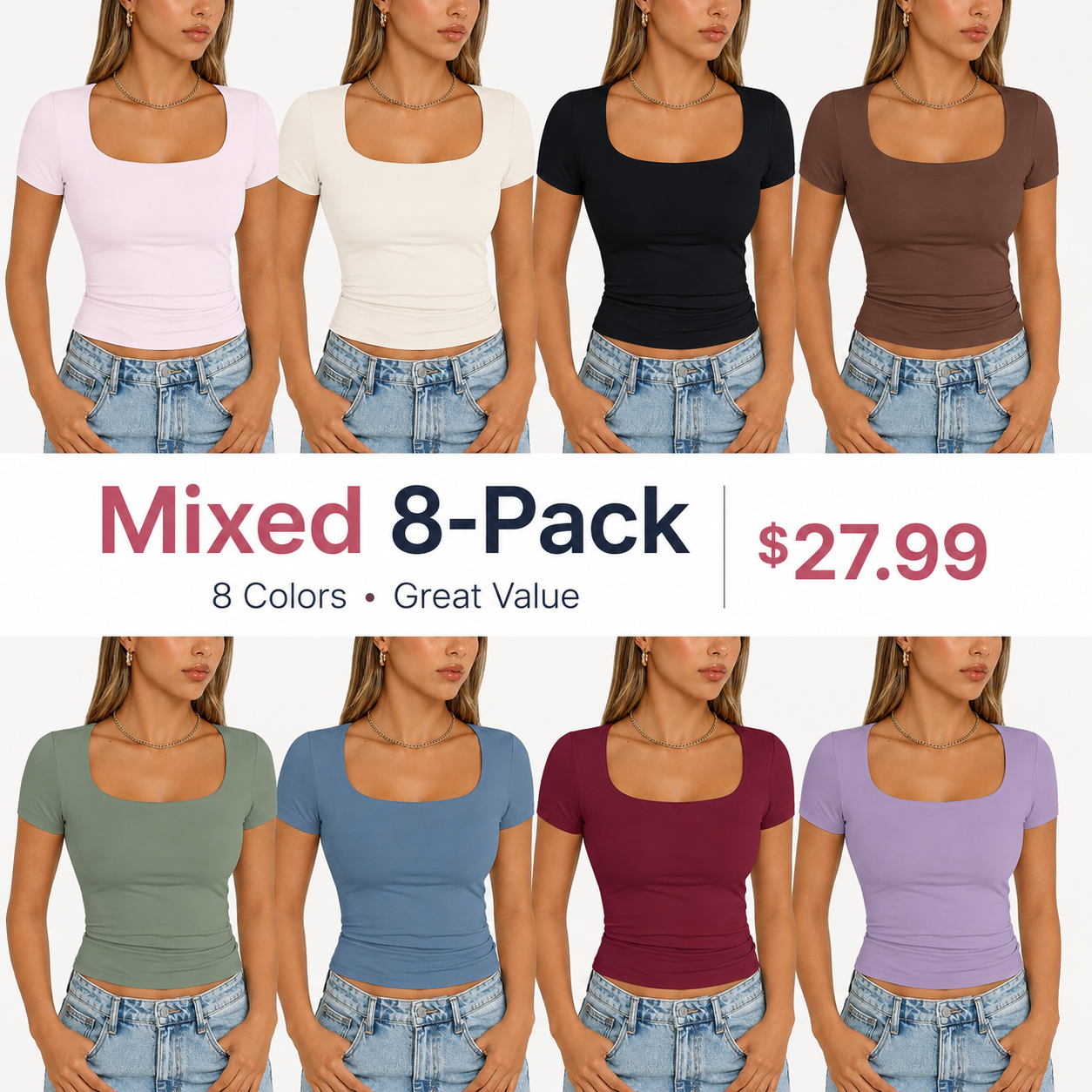 Women's Double-Layer Square-Neck Short-Sleeve Crop Top | Cute Women's Athletic Top