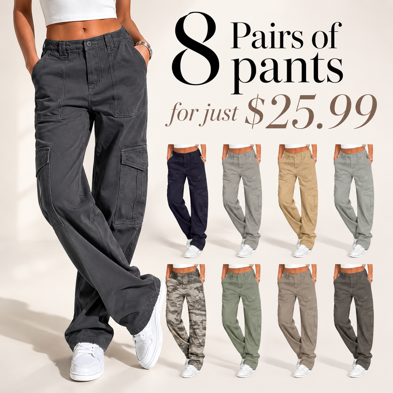 ⚡FINAL SALE⚡- 8 PACK  Women's High-Waisted Loose-Fit Stretch Wide-Leg Cargo Pants