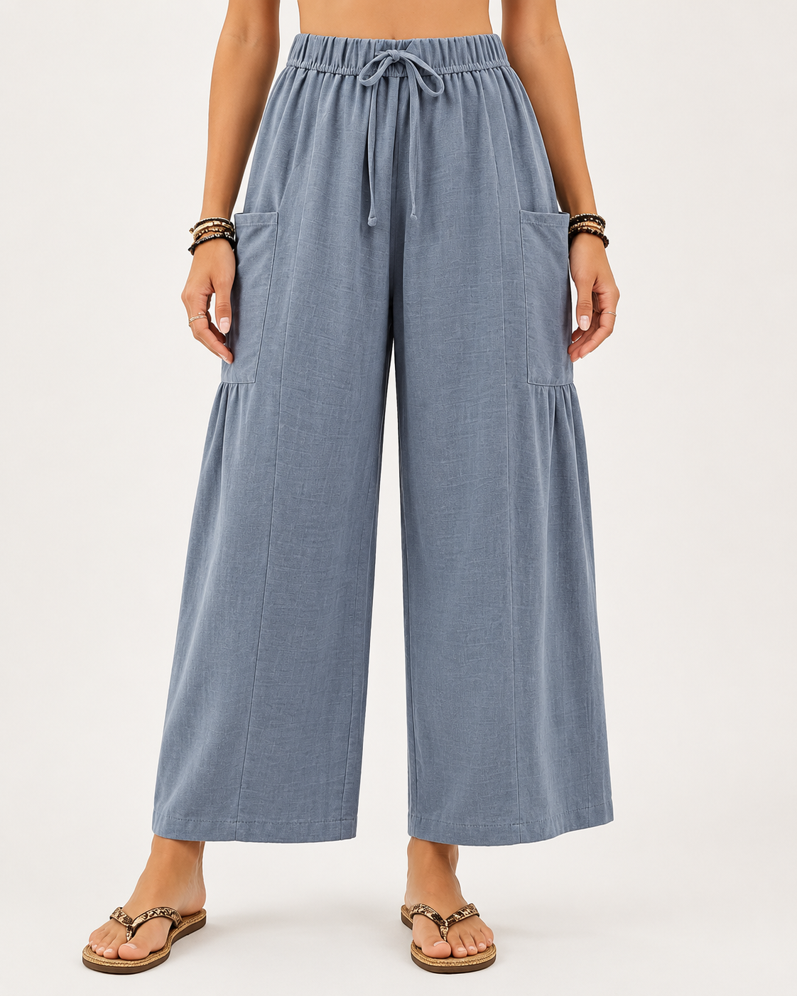 Women's wide-leg shorts featuring a drawstring design and pockets.