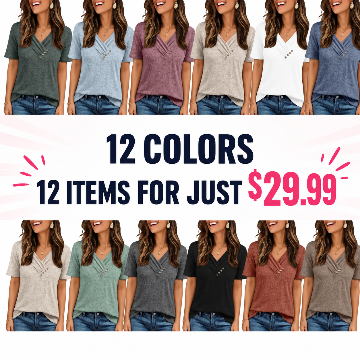 Womens Short Sleeve Tunic Top Spring Summer V Neck Button Shirts 2026 Dressy Casual Business Blouses