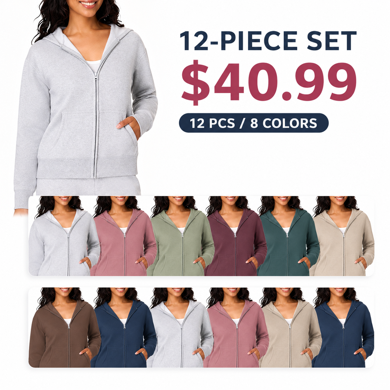 Women's soft, mid-weight fleece sweatshirt, full-zip hoodie, and quarter-zip sweatshirt.
