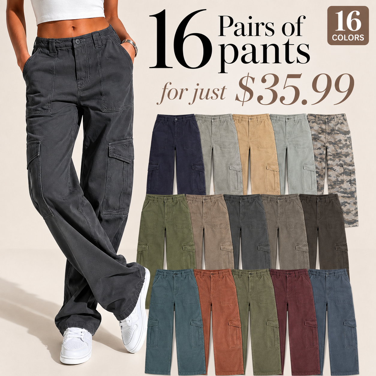 ⚡FINAL SALE⚡- 8 PACK  Women's High-Waisted Loose-Fit Stretch Wide-Leg Cargo Pants