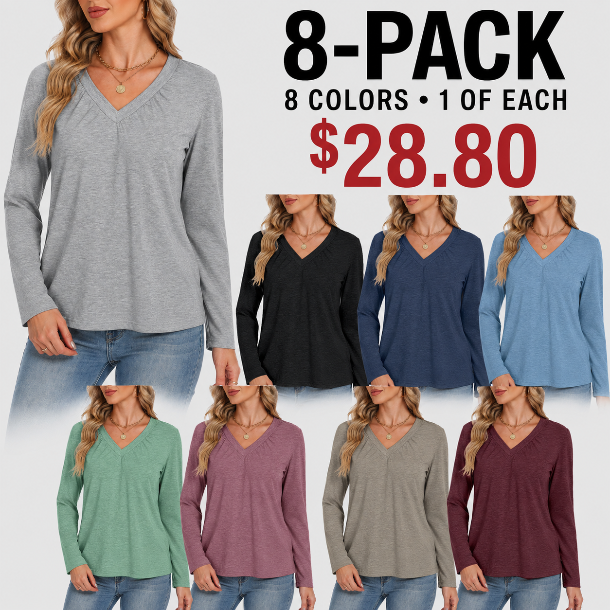 Long-Sleeve V-Neck Top—Soft, Casual, Solid-Color, Loose-Fit Top (Autumn Apparel)