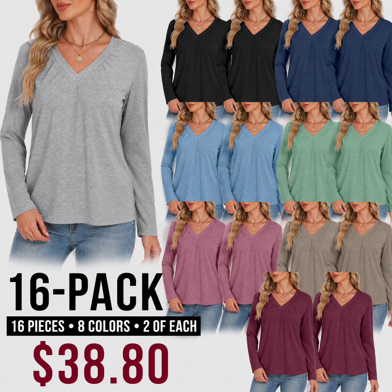 Long-Sleeve V-Neck Top—Soft, Casual, Solid-Color, Loose-Fit Top (Autumn Apparel)