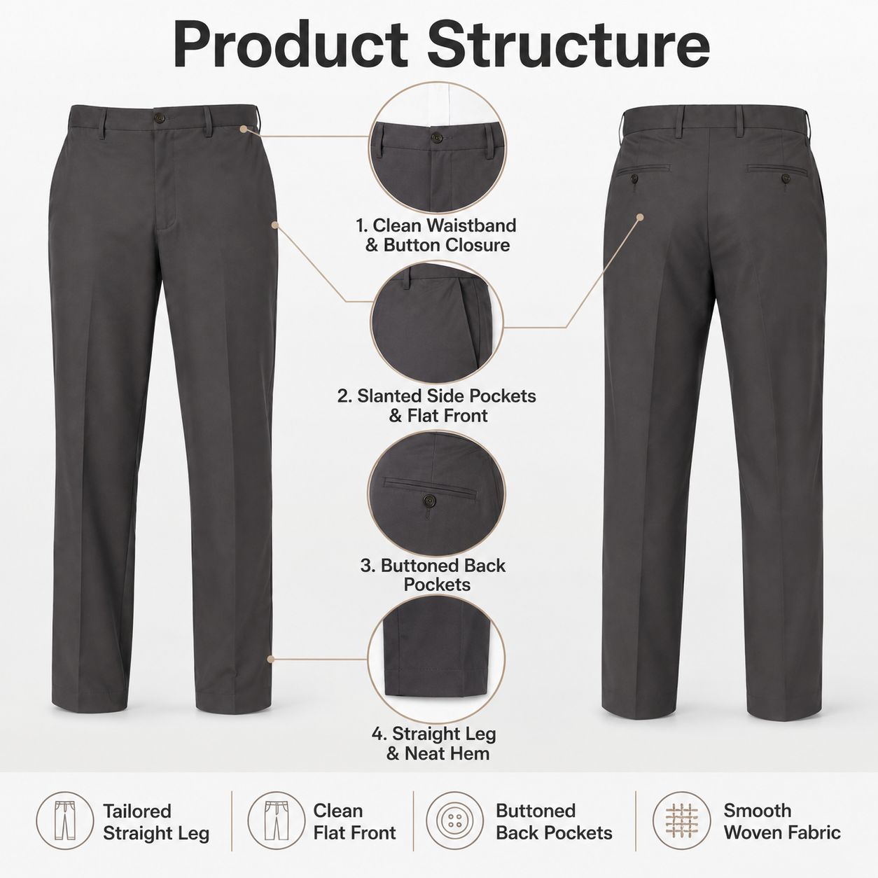 Men's classic-fit formal trousers featuring an expandable waistband and a flat-front design.