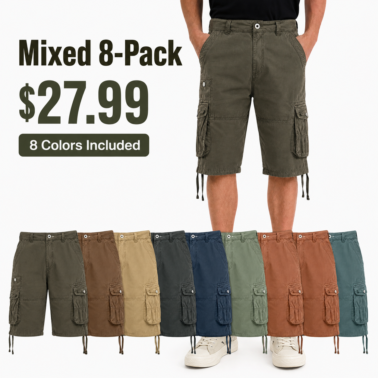 Men's multi-pocket cargo shorts, knee-length, casual summer hiking shorts.