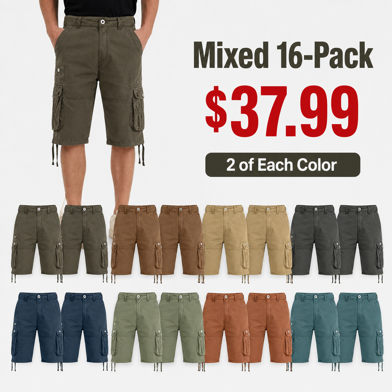 Men's multi-pocket cargo shorts, knee-length, casual summer hiking shorts.