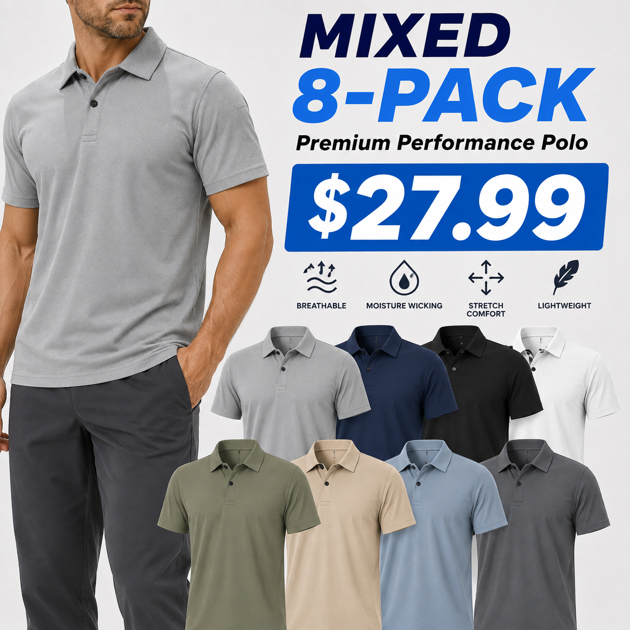 Men's Polo Shirt, quick-dry, short-sleeve, high-performance tactical pique fabric.