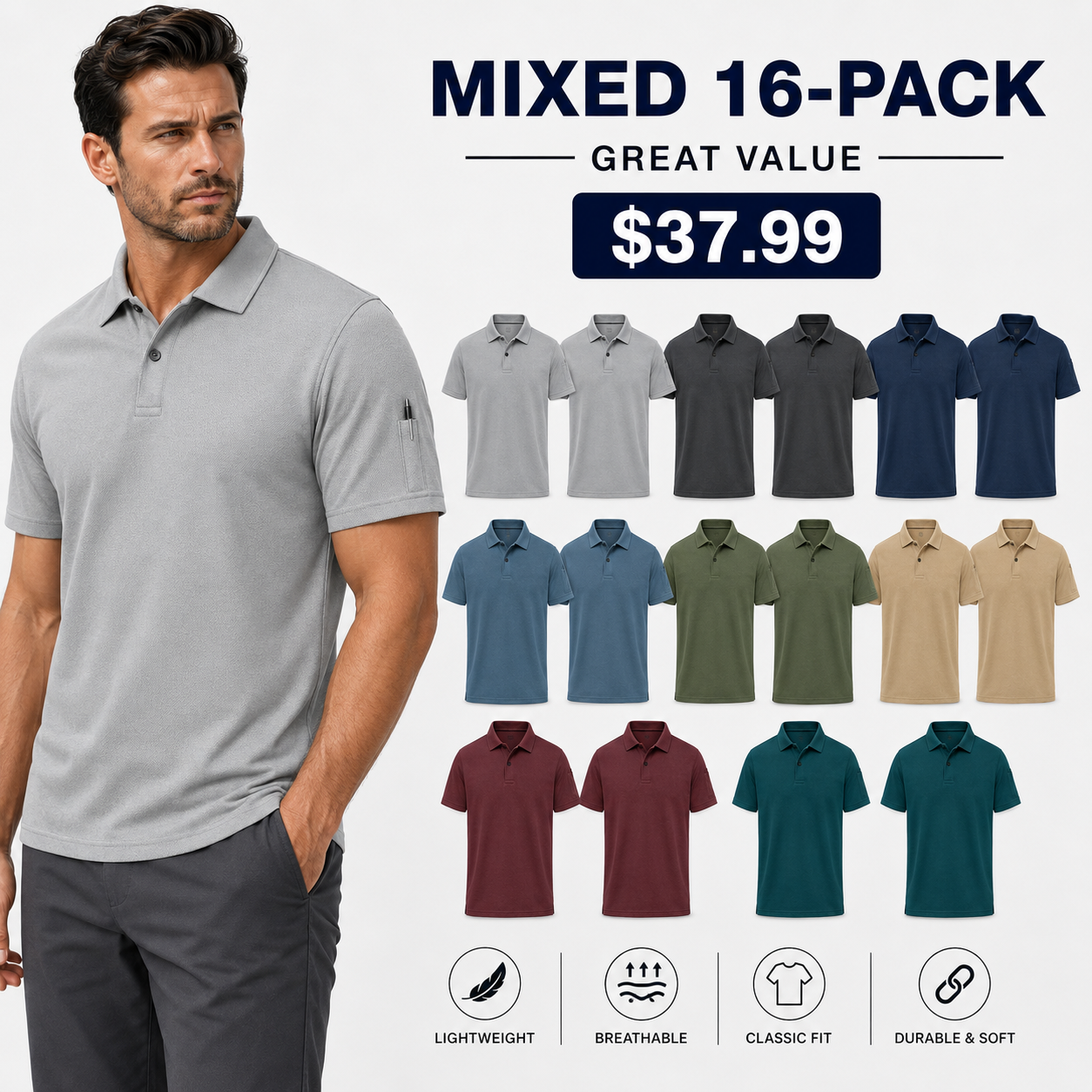 Men's Polo Shirt, quick-dry, short-sleeve, high-performance tactical pique fabric.