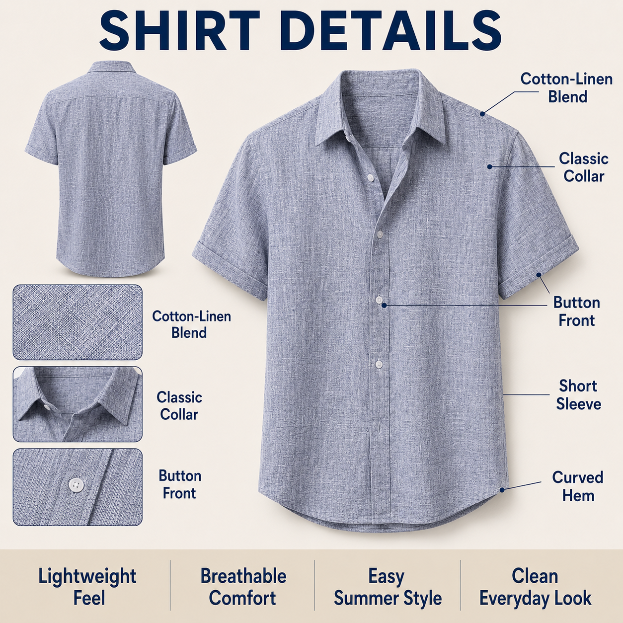 Men's Short-Sleeve Linen Shirt, Casual Button-Down Shirt, Summer Beach Shirt
