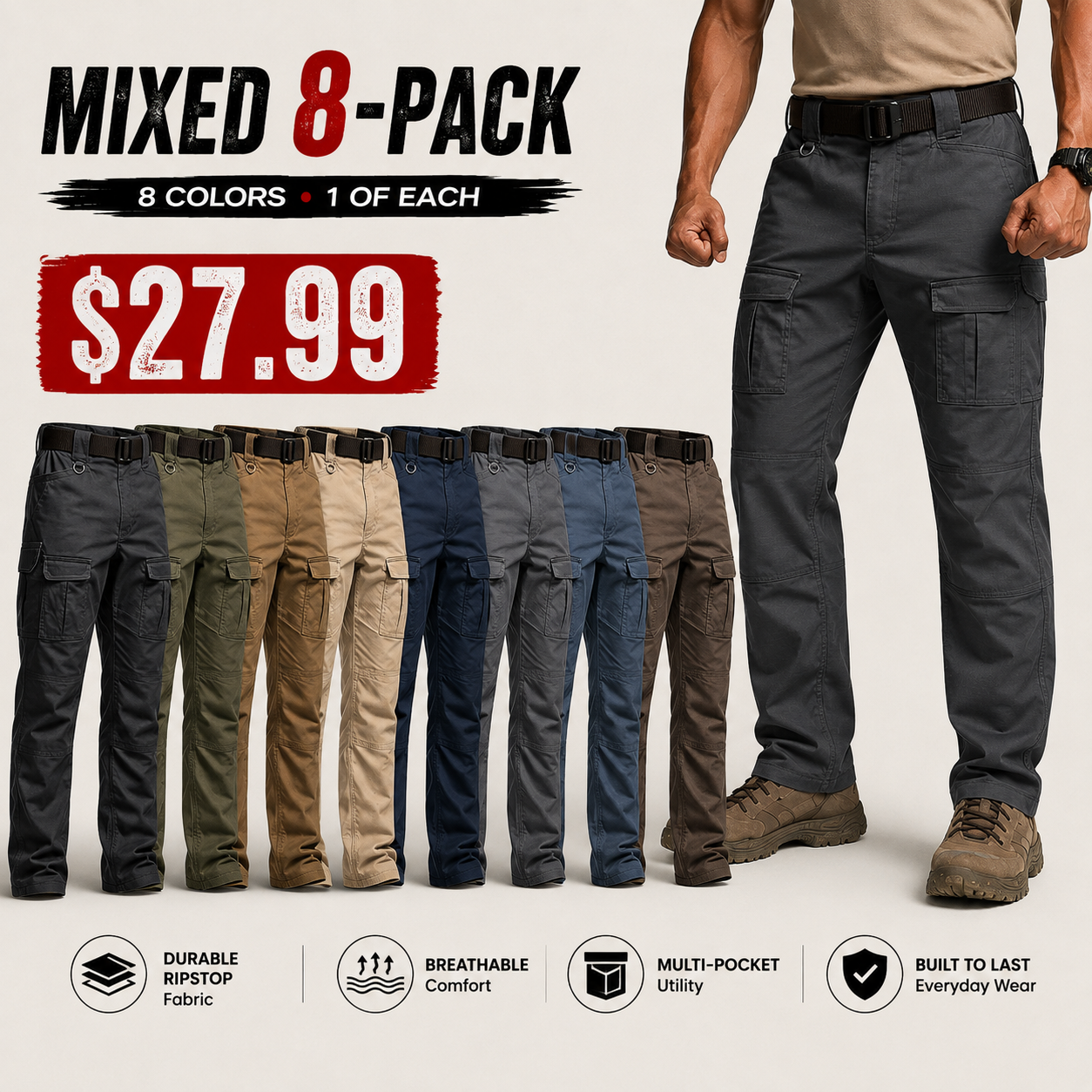 Men's Ripstop Tactical Pants – Water-Resistant, Stretchy Cargo Pants for Hiking