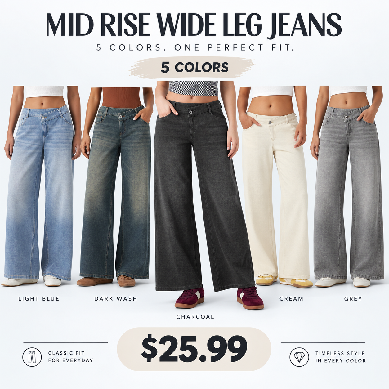 Women's Asymmetric Low-Rise Washed Wide-Leg Casual Jeans with Zipper Pockets