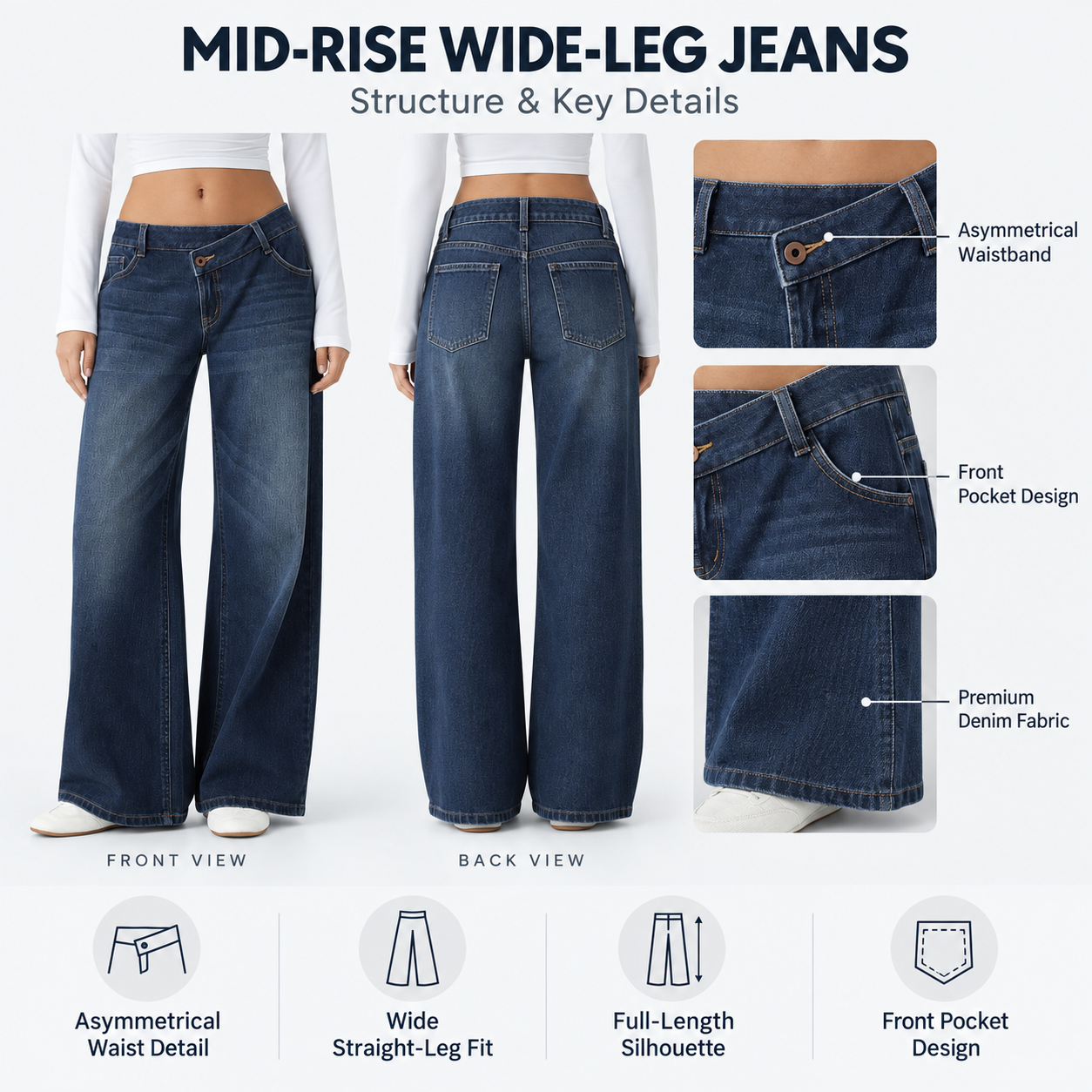 Women's Asymmetric Low-Rise Washed Wide-Leg Casual Jeans with Zipper Pockets