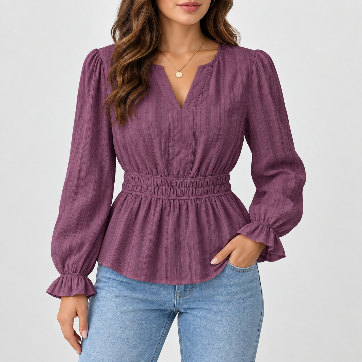 Women's long-sleeve ruffled cotton fitted top