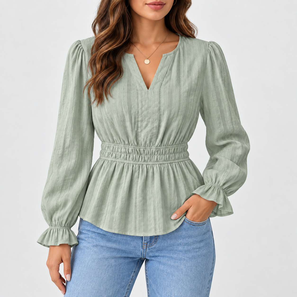 Women's long-sleeve ruffled cotton fitted top